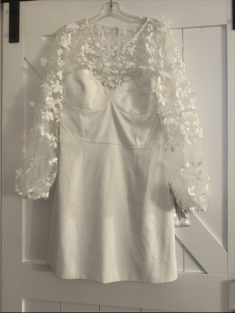 Dress the population Mila embroidered crepe knit dress with Floral Lace sleeves